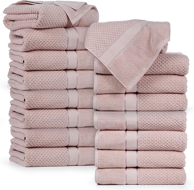 Ample Decor Bath Towels for Bathroom Set of 16 100% Cotton Popcorn Textured, Machine Washable - Soft Pink - 30 X 54 Inch