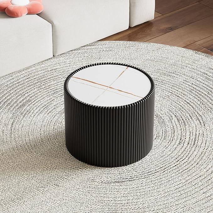 Round Coffee Table Set with Sintered Stone Tabletop, 29.52" White Drum Center Table and 17.71" Black Coffee Table Set, 2 Pieces Living Room Table Set with Fluted PU Leather Cover& Stable Base