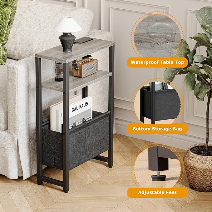 Narrow Side Table, Slim End Table with Magazine Rack, Bedside Table for Small Spaces, 3 Tier Sofa Couch Table Nightstand for Living Room, Bedroom, Oak Grey LET503Q