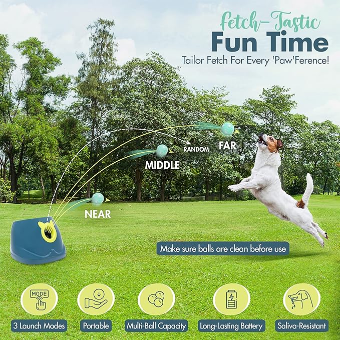 Automatic Dog Ball Launcher - Dog Ball Fetch Machine, Ball Thrower for Dogs, for Small to Medium Sized Dogs, Interactive Dog Toy with 6 Latex Balls, Plug-in & Battery Options - 4 Launch Distances