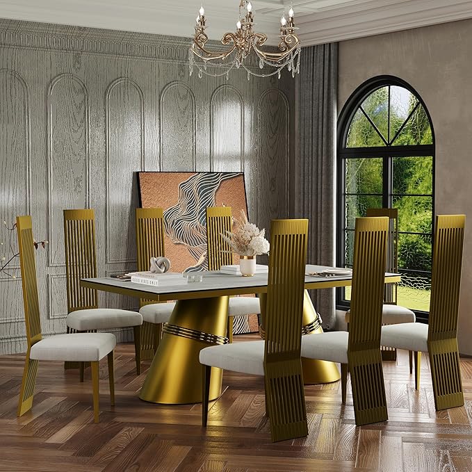 Modern Dining Chairs Set of 6, White Sponge Dining Room Chairs with Brushed Gold Stainless Steel Legs, Upholstered Chairs with High Back and Metal Legs for Living Room/Kitchen/Restaurant