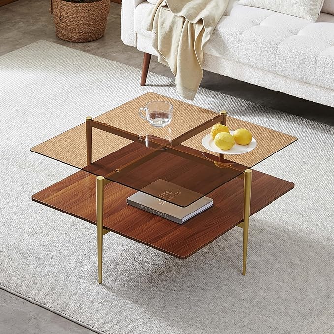 Square Coffee Table, Mid-Century Modern Design, L30 x W30 x H17 Inch, for Living Room, 2-Tier Structure, Amber Glass Top and Walnut Wood Shelf, Sleek Conical Metal Legs with Gold Finish