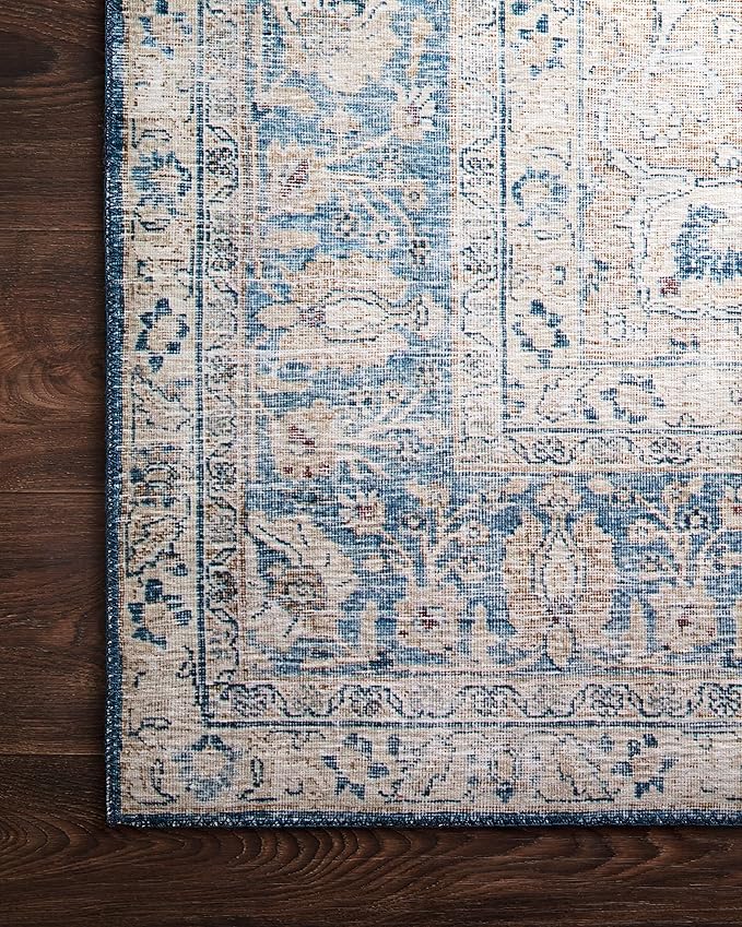 Loloi Layla Collection LAY-07 Blue/Tangerine 2'-0" x 5'-0" .13" Thick Accent Rug, Soft, Durable, Vintage Inspired, Distressed, Low Pile, Non-Shedding, Easy Clean, Printed, Living Room Rug