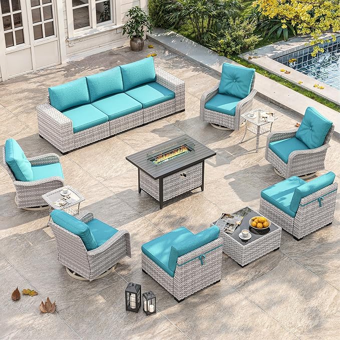 13 Piece Outdoor Wicker Rattan Sectional Sofa Set with Swivel Chairs & Fire Pit Table, 9-Seats with 4" Thickened Cushions & Coffee Table, All-Weather PE Rattan for Garden, Backyard, Porch, Navy