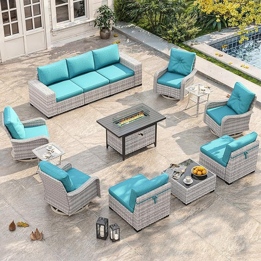 13 Piece Outdoor Wicker Rattan Sectional Sofa Set with Swivel Chairs & Fire Pit Table, 9-Seats with 4" Thickened Cushions & Coffee Table, All-Weather PE Rattan for Garden, Backyard, Porch, Navy