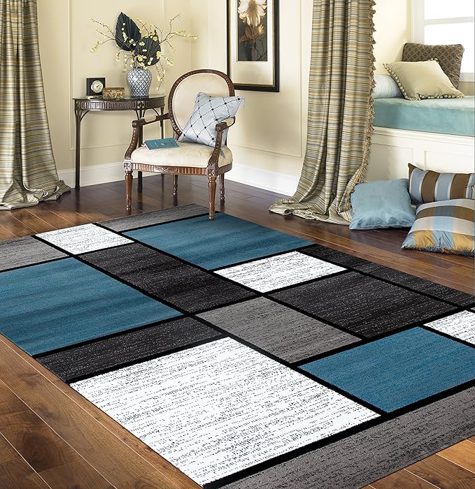 Rugshop Modern Geometric Boxes Blue Area Rug, Non-Shedding Carpet for Living Room, Bedroom, or Open Space, 7'10" x 10'2"