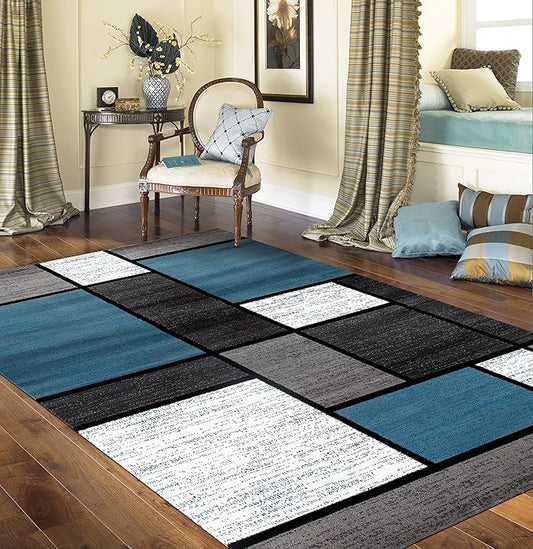 Rugshop Modern Geometric Boxes Blue Area Rug, Non-Shedding Carpet for Living Room, Bedroom, or Open Space, 7'10" x 10'2"