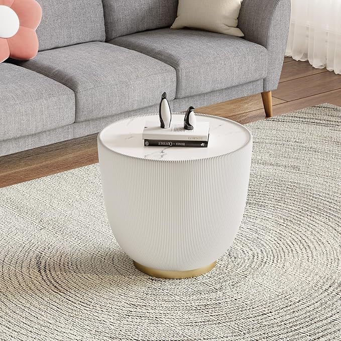 White Round Coffee Table with Sintered Stone Tabletop, 19.69 Drum Coffee Table with Fluted PU Leather Covered and Metal Base, Circle Cocktail Tea Table for Living Room