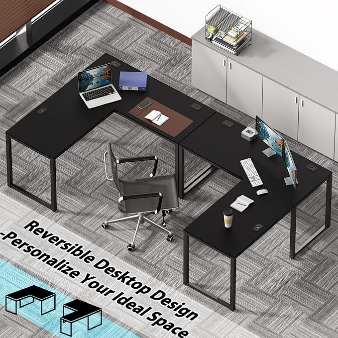 SHW 55 x 60 Inches Commercial-Grade L-Shape Corner Office Computer Desk, Black