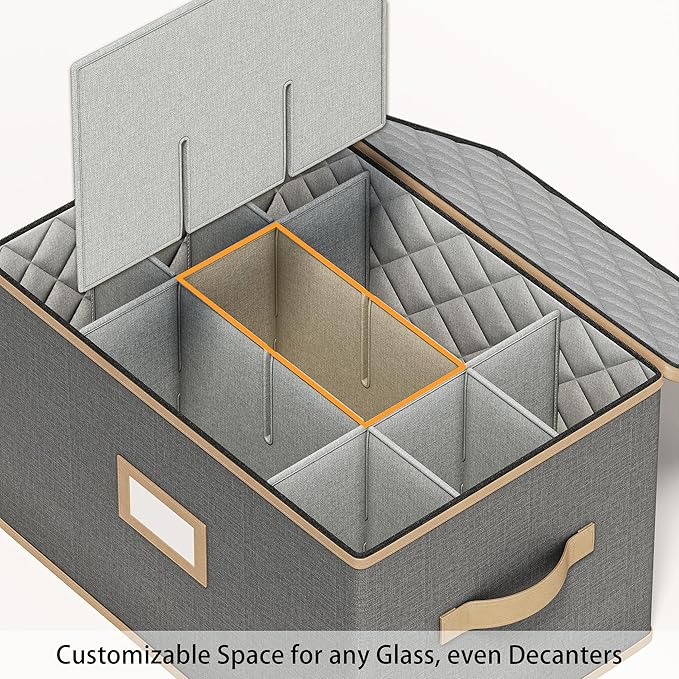 Wine Glass Storage Box with Dividers, Quilted Hard Shell Organizer for Stemware and Glassware Sets, Ideal for Storage and Moving Supplies, 1-Pack, Grey