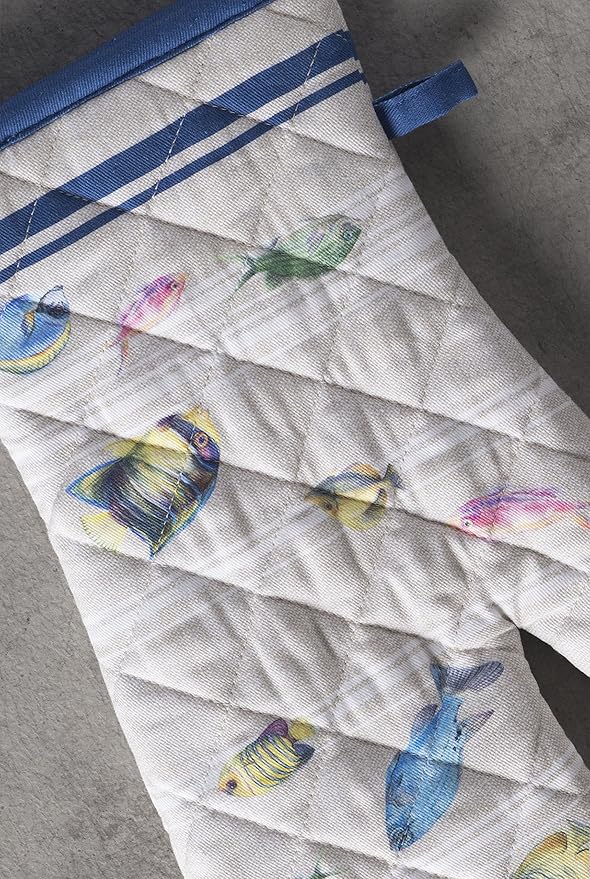 Maison d' Hermine Oven Gloves 100% Cotton Oven Mitt 7" x 13" with Loop Heat Resistant, BBQ, Cooking Gloves, Baking, Grilling, Kitchen, Handling Hot Pans Spring/Summer (Pack of 1, Poisson)