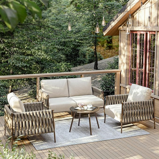 East Oak 4-Piece Patio Furniture Set | Life Chatter Outdoor Furniture | Coffee Table & Deep Seating Conversation Set with Thick Cushions | Porch, Balcony & Backyard | Chestnut & Apricot