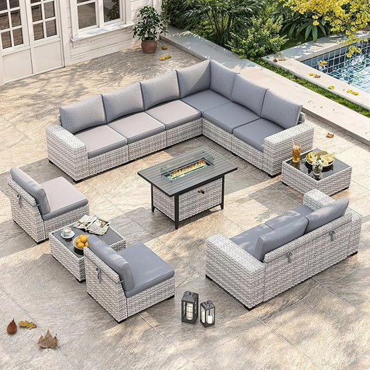 13 Piece Outdoor Wicker Rattan Sectional Sofa Set with 55,000 BTU Fire Pit Table, 10-Seats with 4" Thickened Cushions & Coffee Table, All-Weather PE Rattan for Garden, Backyard, Porch, Grey