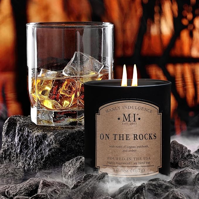 Manly Indulgence On The Rocks Scented Candles for Men, 2 Wick, 16.5 oz, Premium Soy Blend Wax, 60H Burn, Candles for Home Scented - Made in The USA