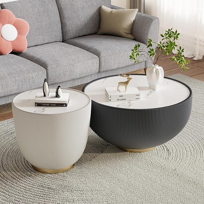 Round Coffee Table Set with Sintered Stone Tabletop, 27.56" Grey Drum Center Table and 19.69" White Coffee Table Set, 2 Pieces Living Room Table Set with Fluted PU Leather Cover& Metal Base