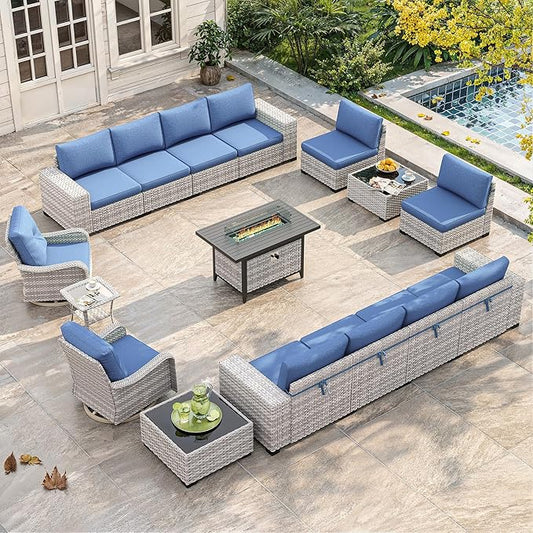 16 Piece Outdoor Wicker Rattan Sectional Sofa Set with Swivel Chairs & Fire Pit Table, 12-Seats with 4" Thickened Cushions & Coffee Table, All-Weather PE Rattan for Garden, Backyard, Porch, Blue
