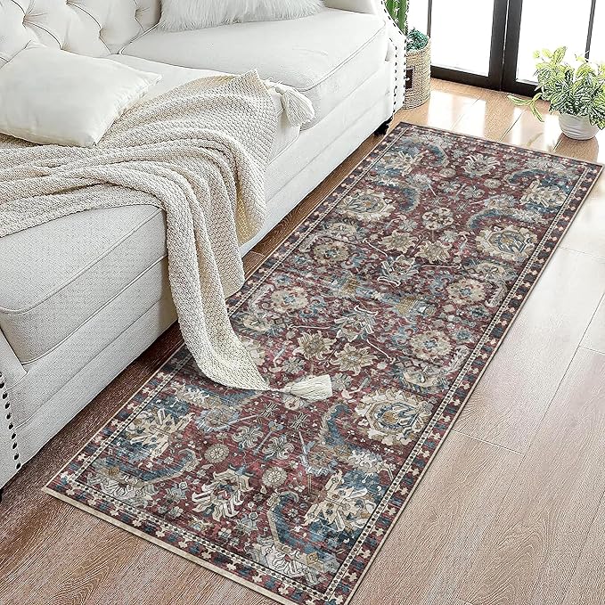 RUGSURE Washable Area Rugs - Perfect for Living Room, Bedroom, Kids Room, Nursery - Stain & Water Resistant Non-Slip, Pet & Child Friendly, Vintage Tribal Area Rugs (Rust and Bule, 2'6'' x 8')