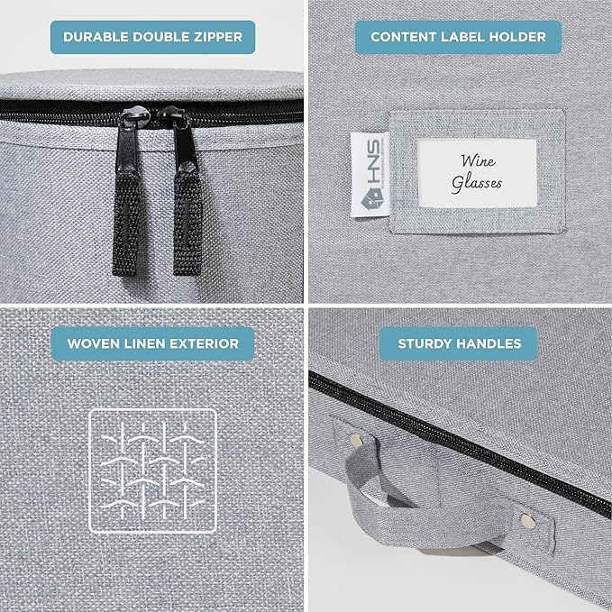 Hard Shell China Storage Containers 12-Piece Set Moving Boxes for Dinnerware, Glasses, Plates, Mugs and Saucers Sturdy Dish Organizer with Dividers for Seasonal Storage - Service for 12 - Grey