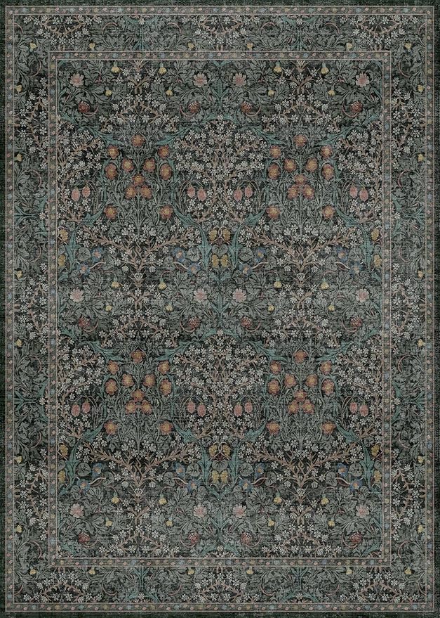 Dark Green Floral Living Room Rug 5x7 Area Rug - Vintage Forest Washable Mat for Dining Room, Bedroom, Low Pile Non Slip Stain Resistance Distressed Retro Indoor Boho Carpet (5x7 Dark Green)