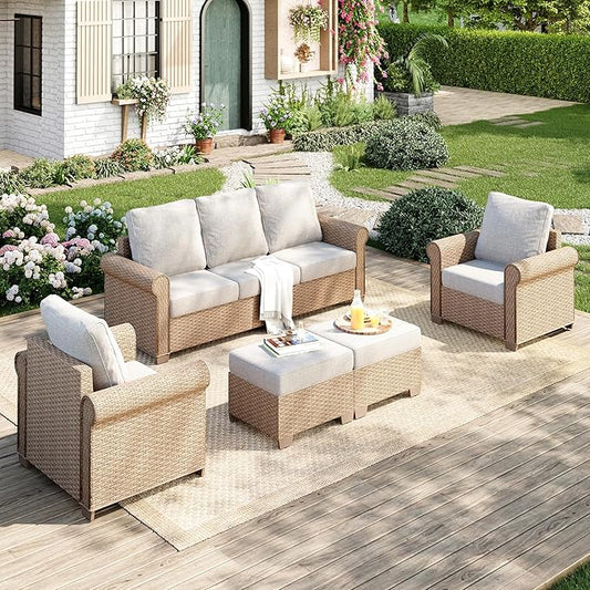 Patio Furniture Set 5 pcs, Wicker Outdoor Patio Furniture, 3-Seat Sofa, 2 Single Chairs and 2 Ottomans, Rattan Patio Conversation Set for Backyard Deck, Beige
