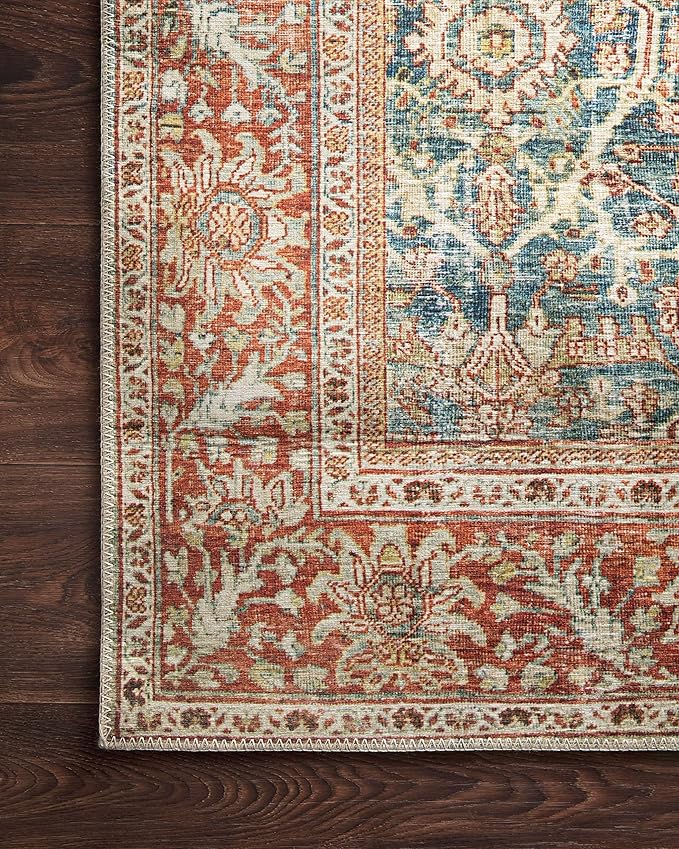 Loloi Layla Collection LAY-04 Ocean/Rust 2'-0" x 5'-0" .13" Thick Accent Rug, Soft, Durable, Vintage Inspired, Distressed, Low Pile, Non-Shedding, Easy Clean, Printed, Living Room Rug