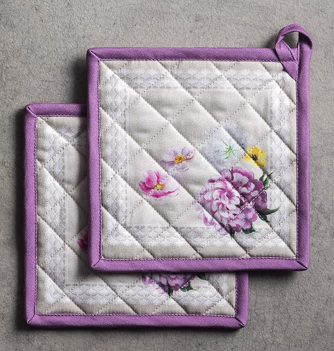 Maison d' Hermine Pot Holders Set 100% Cotton Heat Resistant Potholders 8" x 8" Hot Pads with Loop BBQ, Cooking, Baking, Grilling, Kitchen, Handling Hot Pans Spring/Summer (Pack of 2, Pivoine)