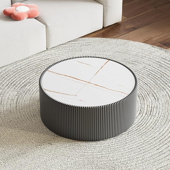 Round Coffee Table Set with Sintered Stone Tabletop, 29.52" Grey Drum Center Table and 17.71" White Coffee Table Set, 2 Pieces Living Room Table Set with Fluted PU Leather Cover& Stable Base