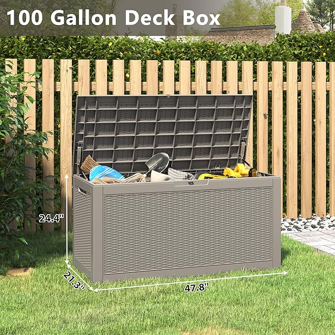 Outdoor Storage Box, Resin Deck Boxes Indoor and outdoor, Waterproof Storage Box Lockable Lid (Grey, 100 Gallon)