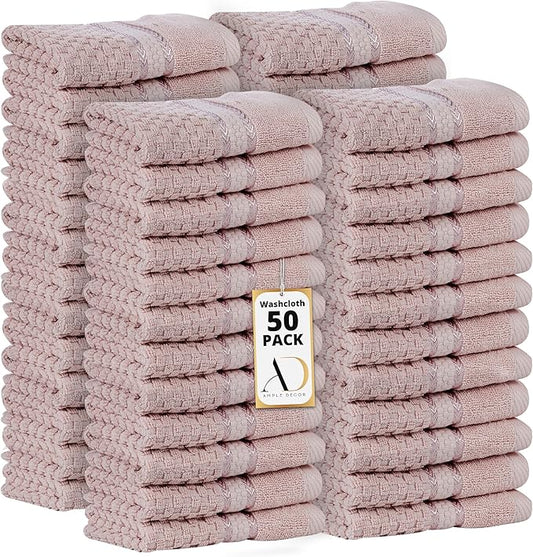 Ample Decor 100% Cotton Washcloths Set of 50 - Highly Absorbent, Popcorn Textured - Mulaayam Collection - Soft Pink 12 X 12 Inch