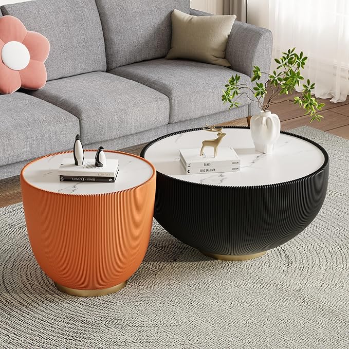 Round Coffee Table Set with Sintered Stone Tabletop, 27.56" Black Drum Center Table and 19.69" Orange Coffee Table Set, 2 Pieces Living Room Table Set with Fluted PU Leather Cover& Metal Base