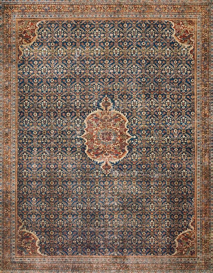 Loloi Layla Collection LAY-09 Cobalt Blue/Spice 2'-0" x 5'-0" .13" Thick Accent Rug, Soft, Durable, Vintage Inspired, Distressed, Low Pile, Non-Shedding, Easy Clean, Printed, Living Room Rug