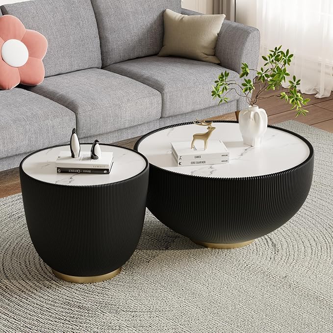 Round Coffee Table Set with Sintered Stone Tabletop, 27.56" Black Drum Center Table and 19.69" Black Coffee Table Set, 2 Pieces Living Room Table Set with Fluted PU Leather Cover& Metal Base