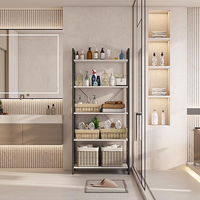 24" Bookshelf, 5-Tier Ladder Shelf, Industrial Bookcase, Wooden and Metal Storage Rack, Shelving Unit for Living Room Entryway Office, White Book Shelves