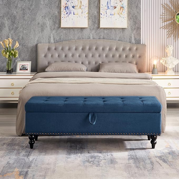 mikibama Linen Storage Bench for Bedroom End of Bed,59" Long Tufted Bed Bench with Storage,Modern Mid Century Storage Ottoman Bench for Window,Entryway,Living Room Solid Wood Legs (Blue)