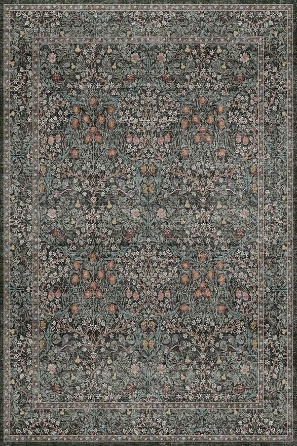 Dark Green 4x6 Washable Area Rug for Living Room Bedroom Large Entryway Kitchen, Ultra Soft Non Slip Stain Resistance, Floral Distressed Aethestic Design