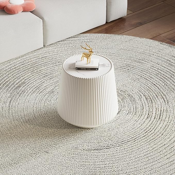 White Round Coffee Table with Sintered Stone Tabletop, 17.71" Drum Coffee Table with Fluted PU Leather Covered and Stable Base, Circle Cocktail Tea Table for Living Room