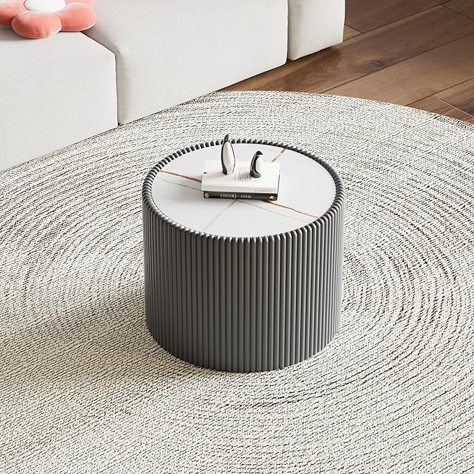 Round Coffee Table Set with Sintered Stone Tabletop, 29.52" Black Drum Center Table and 17.71" Grey Coffee Table Set, 2 Pieces Living Room Table Set with Fluted PU Leather Cover& Stable Base