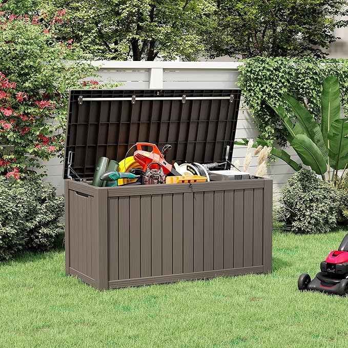 Outdoor Storage Box, Resin Deck Boxes Indoor and outdoor, Waterproof Storage Box Lockable Lid (Grey, 160 Gallon)