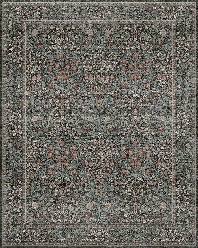 Vintage Dark Green Living Room Rug, 8x10 Washable Area Rugs for Dining Room Under Kitchen Table, Bedroom, Oriental Low Pile Stain Resistant Non-Slip Large Carpet (8x10 Dark Green)