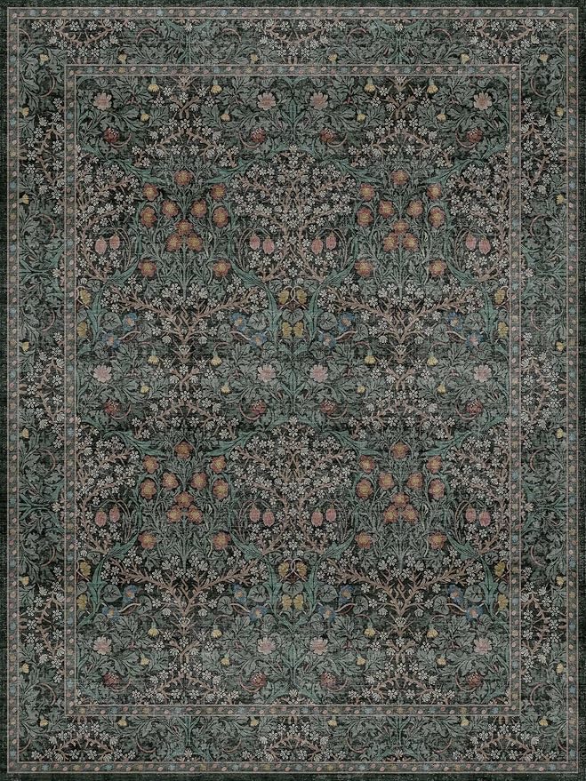 Dining Room Rugs for Under Table - 6x8 Washable Dark Green Area Rug for Living Room, Low Pile Non-Slip Floor Carpet for Bedroom - Vintage Design & Stain Resistance