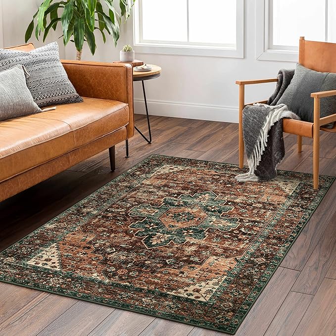 Moynesa Ultra-Thin Washable Vintage Area Rug - 4x6 Living Room Rug for Bedroom Office, Non-Shed Non Slip Oriental Laundry Bathroom Mat Indoor Accent Floor Carpet for Entrance Kitchen Mudroom