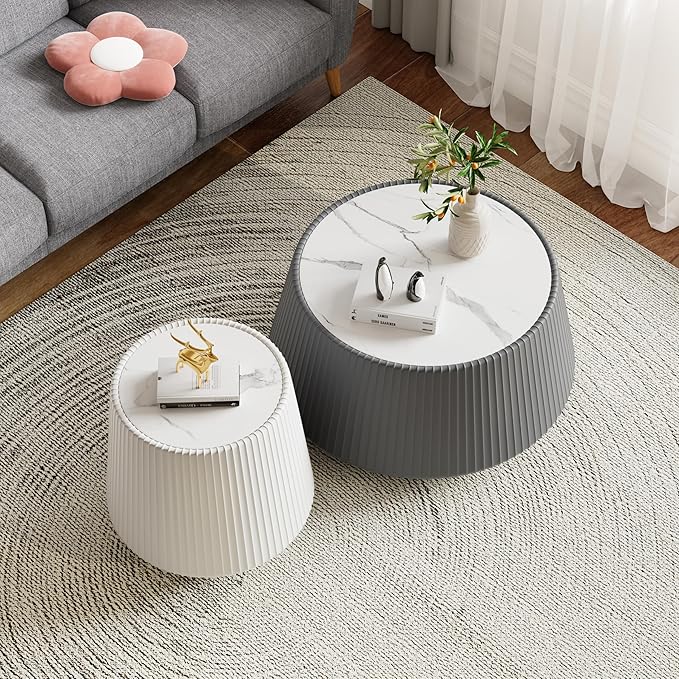 Round Coffee Table Set with Sintered Stone Tabletop, 26.77" Grey Drum Center Table and 19.68" White Coffee Table Set, 2 Pieces Living Room Table Set with Fluted PU Leather Cover& Stable Base
