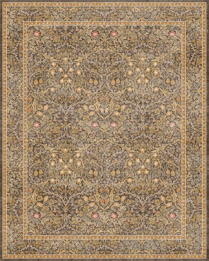 Vintage Floral Living Room Rug 8x10, Gold Brown Washable Area Rugs for Bedroom, Dining Room Under Kitchen Table, Oriental Low Pile Non-Slip Large Indoor Carpet with Taupe Yellow Earthy Tones