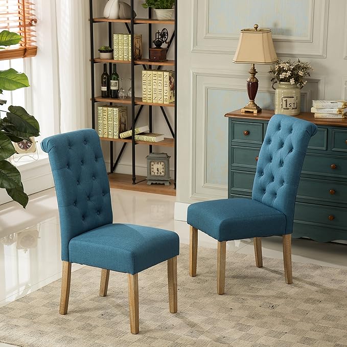 Roundhill Furniture Habit Solid Wood Tufted Parsons Dining Chair (Set of 2), Blue