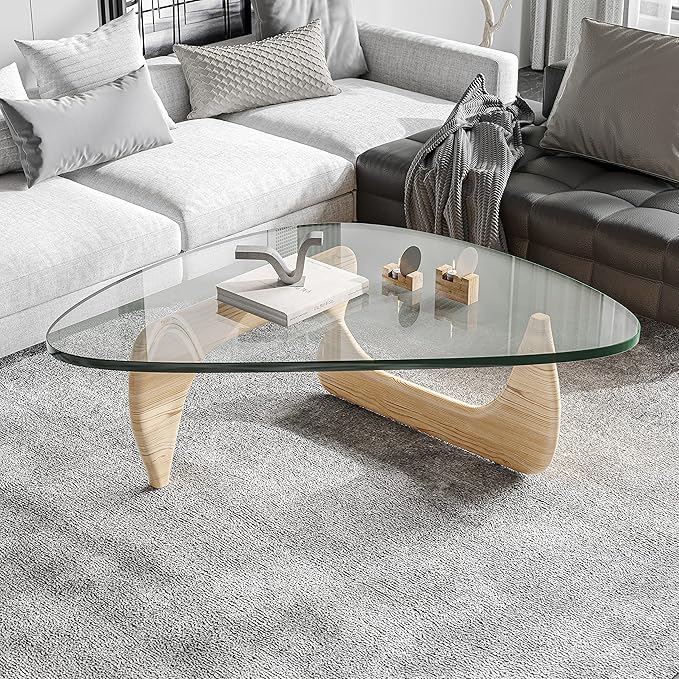 Noguchi Table Triangle Glass Coffee Table Vintage Glass End Table, Solid Wood Base & Triangle Clear Glass Top Modern End Table for Living Room, Patio, Study