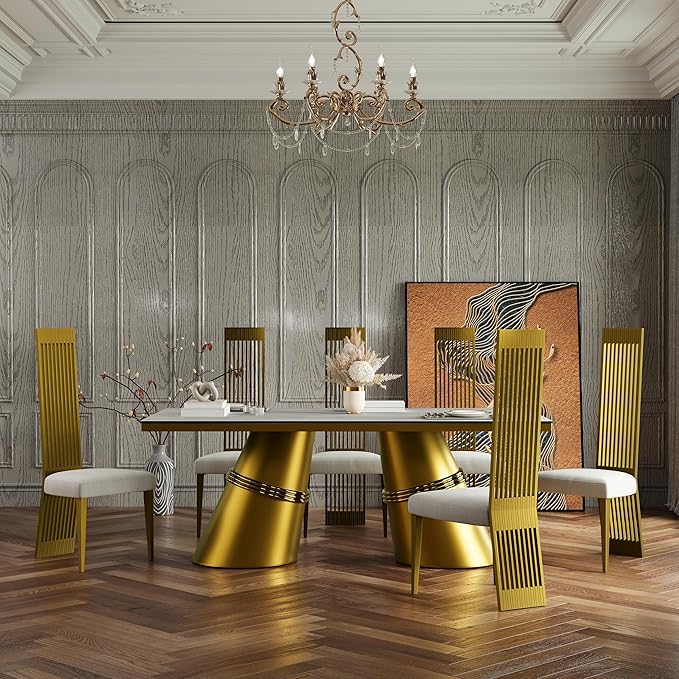 Modern Dining Chairs Set of 6, White Sponge Dining Room Chairs with Brushed Gold Stainless Steel Legs, Upholstered Chairs with High Back and Metal Legs for Living Room/Kitchen/Restaurant