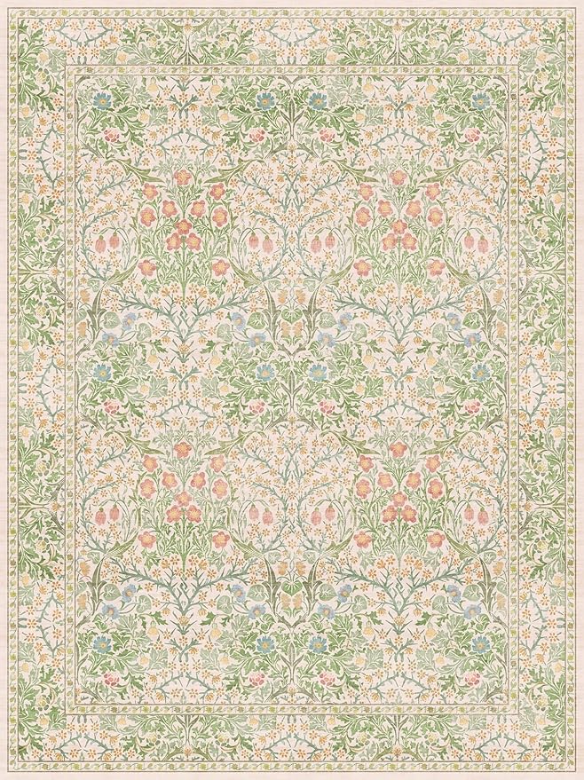Washable Light Green Rug for Living Room - 9x12 Large Area Rug for Dining Room Under Table, Soft Low Pile Carpet for Bedroom - Vintage Floral, Non-Slip & Stain Resistance (9x12 Beige Green)