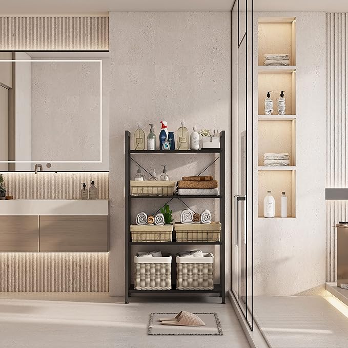 4-Tier Bookshelf, 47.2'' H Ladder Shelf, Industrial Bookcase, Wooden and Metal Storage Rack, Shelving Unit for Living Room Entryway Office, Black Book Shelves, 24 * 11.8 * 47.2 inches