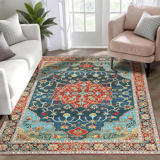 WILLSUN Washable Area Rugs, 4x6 Non-Slip Boho Large Area Rugs for Living Room, Bedroom, Machine Washable Vintage Rug, Indoor Floral Print Carpet for Home Decor, Kid & Pet Friendly Mat
