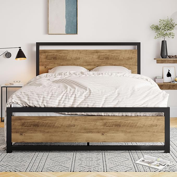 Allewie Full Bed Frame with Headboard, Heavy Duty Metal Platform Base with Strong Support, Underneath Storage Space, Stable Mattress Foundation, No Box Spring Needed, Brown
